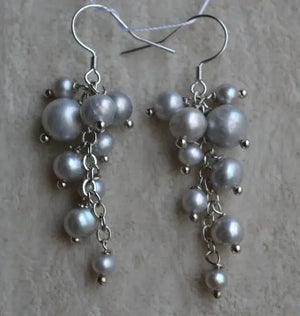 Gray Grape Freshwater Pearl Earrings 925 Sterling Silver Dangle Jewelry