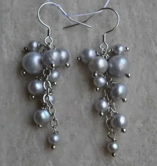Gray Grape Freshwater Pearl Earrings 925 Sterling Silver Dangle Jewelry