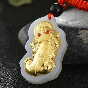 Natural Hetian Jade 24K Yellow Pixiu Pendant 29x17mm