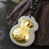 Natural Hetian Jade 24K Yellow Lucky Fu Bag Pendant 25x20mm