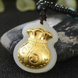 Natural Hetian Jade 24K Yellow Lucky Fu Bag Pendant 25x20mm