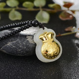 Natural Hetian Jade 24K Yellow Lucky Fu Bag Pendant 25x20mm