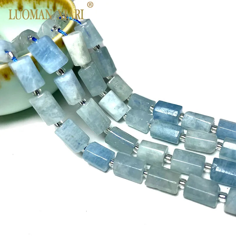 Aquamarine Loose Faceted Cylinder Gemstone Spacer Beads for DIY Bracelet