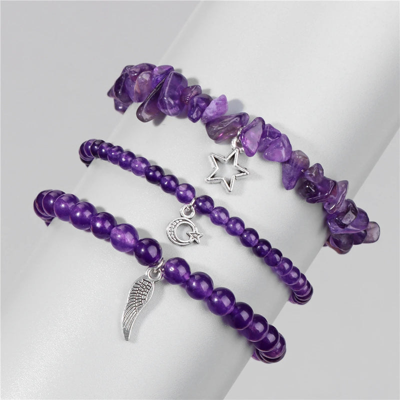 Natural Stone Bracelet Women Multilayer Beads Bracelet Pendant Amethyst Healing