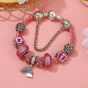 Pansy Flower Beaded Charm Bracelet Crystal Pendant DIY Leather Bracelet