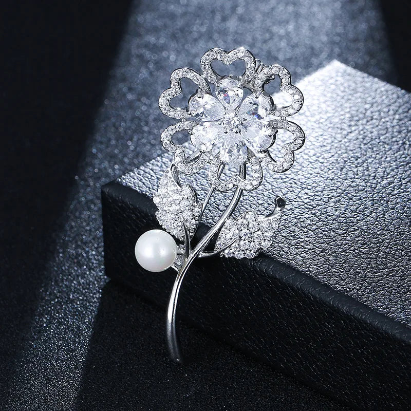 S925 Silver Wedding Flower Brooch Diamond Noble Brooches