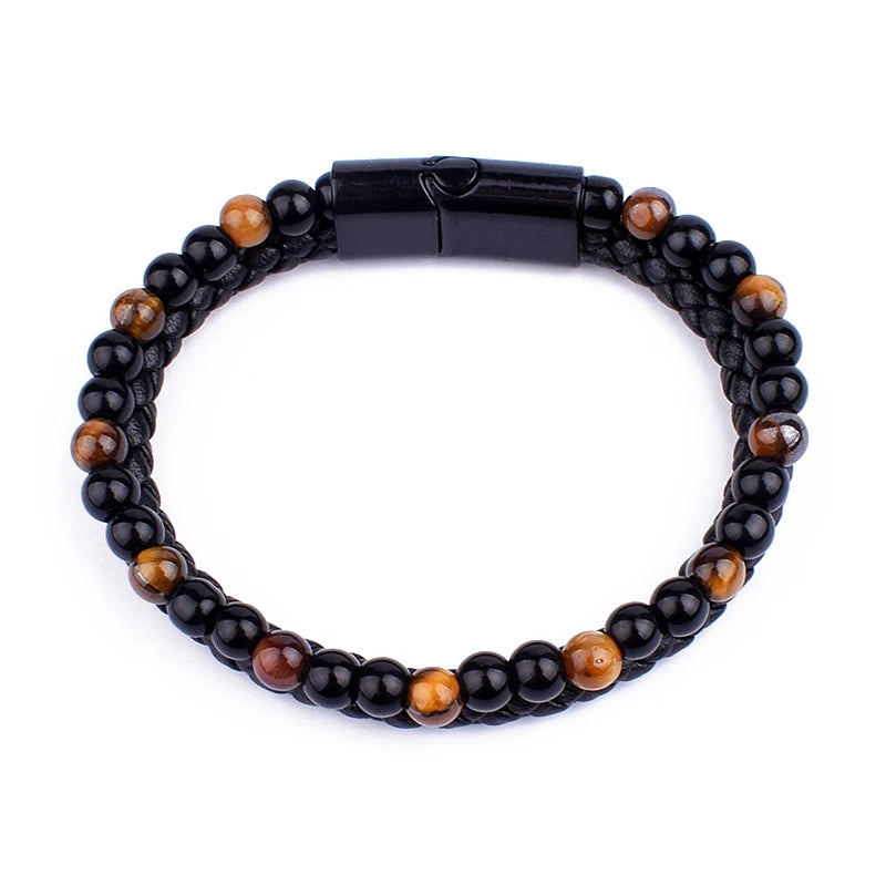 Men's Leather Beaded Bracelet with Magnet Clasp