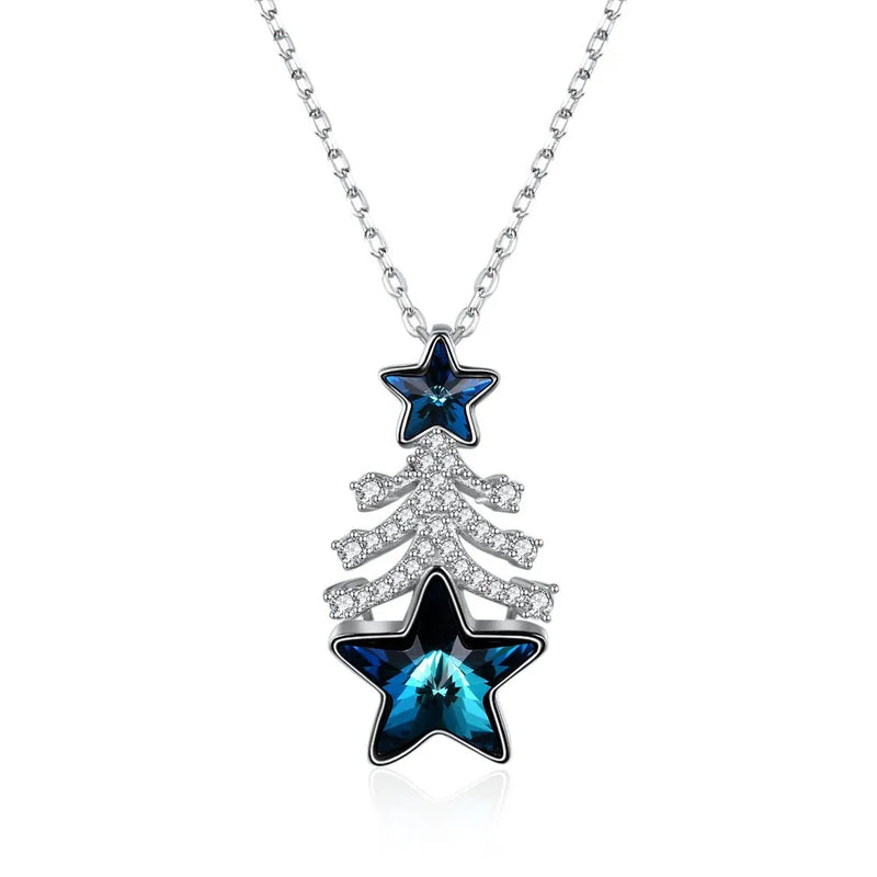 Women Necklace 925 Silver Crystal Stars Zircon Christmas Tree Pendant