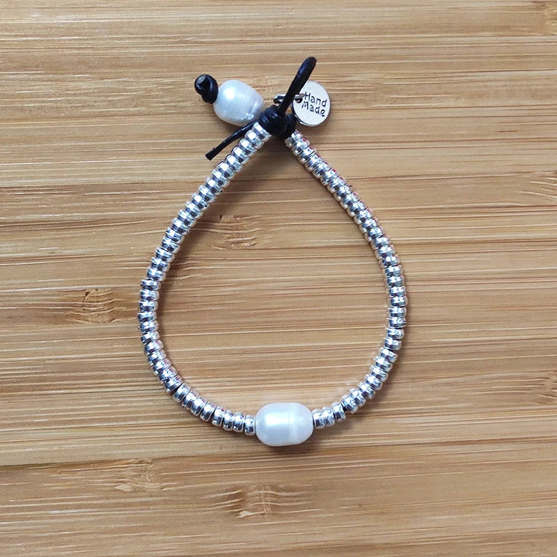 Natural Pearl Bracelet Silver-Color Beaded Rope Jewelry