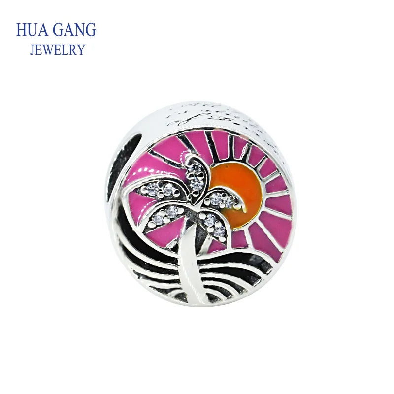 S925 Sterling Silver Tropical Sunset Charm Mixed Enamel Clear CZ