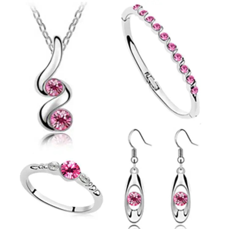 925 Silver Rose Red Crystal Wedding Jewelry Set