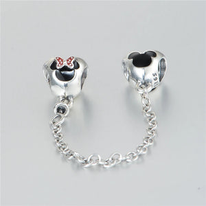 925 Silver Heart of Mickey & Minnie Safety Chain Charm for Bracelets DIY