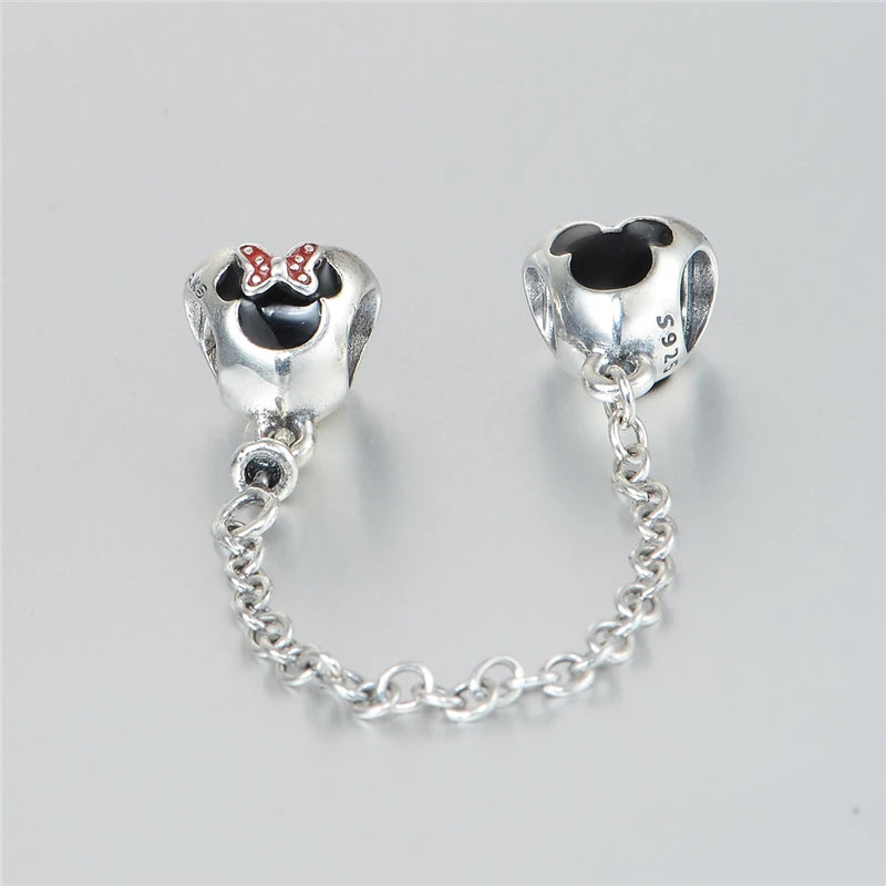 925 Silver Heart of Mickey & Minnie Safety Chain Charm for Bracelets DIY