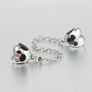 925 Silver Heart of Mickey & Minnie Safety Chain Charm for Bracelets DIY