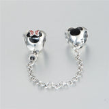 925 Silver Heart of Mickey & Minnie Safety Chain Charm for Bracelets DIY