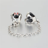 925 Silver Heart of Mickey & Minnie Safety Chain Charm for Bracelets DIY