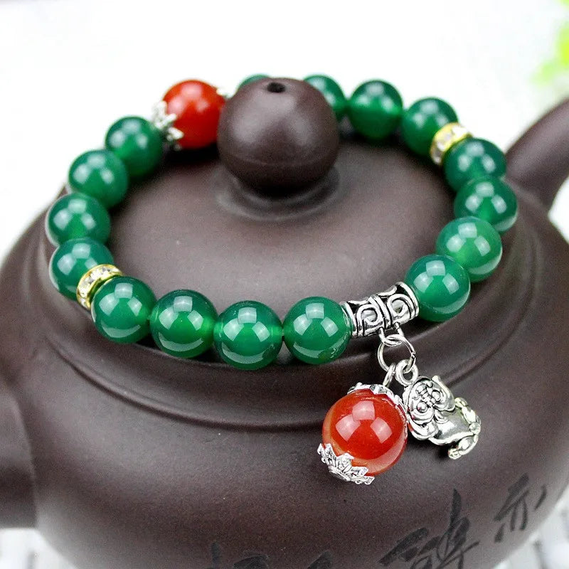 Green Jade Beads Bracelet with 925 Sterling Silver for Women