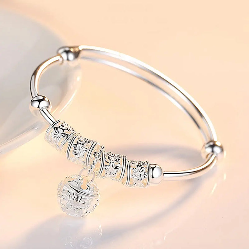 925 Silver Bangle Women Retro Bells Adjustable Bracelet Wedding Jewelry