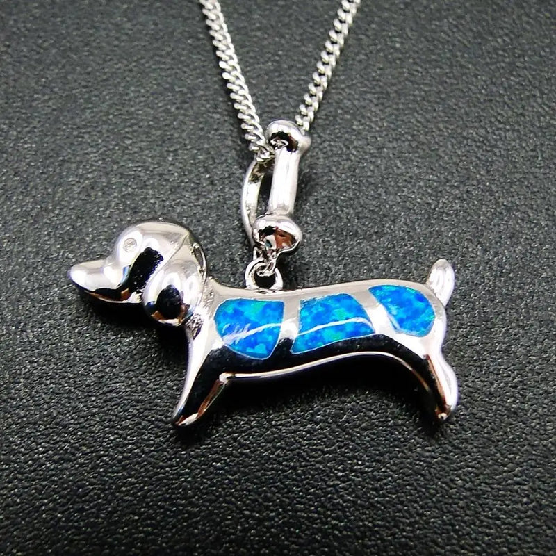 Fire Opal Dog Pendant Necklace in 925 Sterling Silver