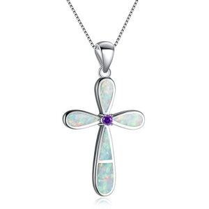 Fire Opal Jesus Cross Necklace Pendant for Women