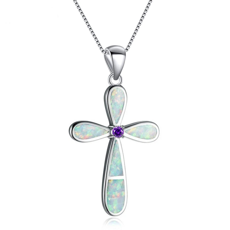 Fire Opal Jesus Cross Necklace Pendant for Women