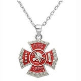 Firefighter Red Enamel Cross Pendant Fire Dept Necklace