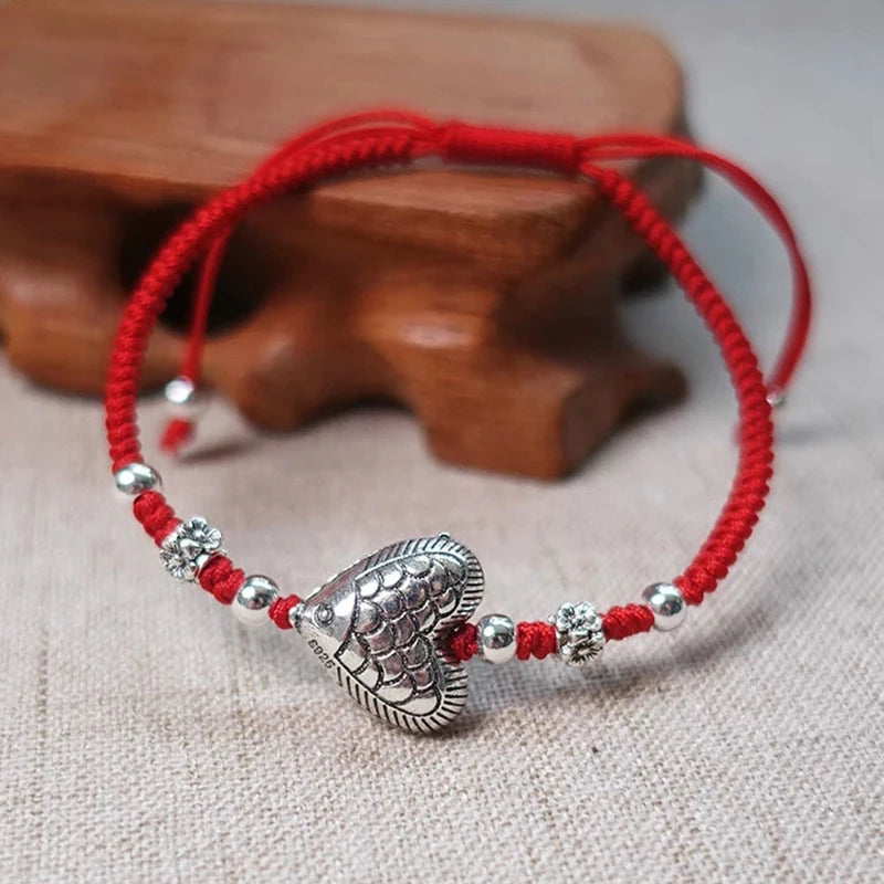 Fish Charm Bracelet Red Thread Jewelry 925 Sterling Silver Statement