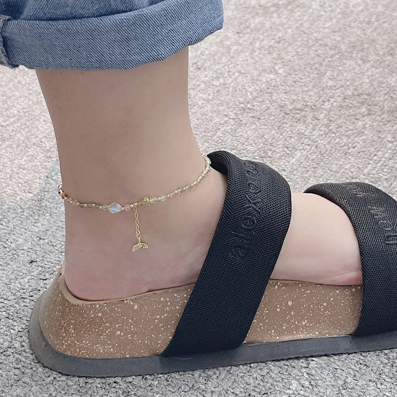 Multicolor Natural Fluorite Beaded Ankle Chain for Women YBR710