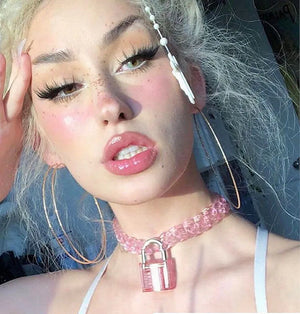 Pink Resin Lock Pendant Necklace Clear Chain Choker Jewelry