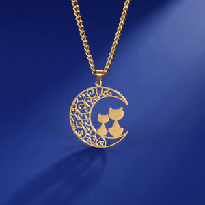Fishhook Cat Moon Necklace Filigree Love Mother Baby Sister Chain Gift