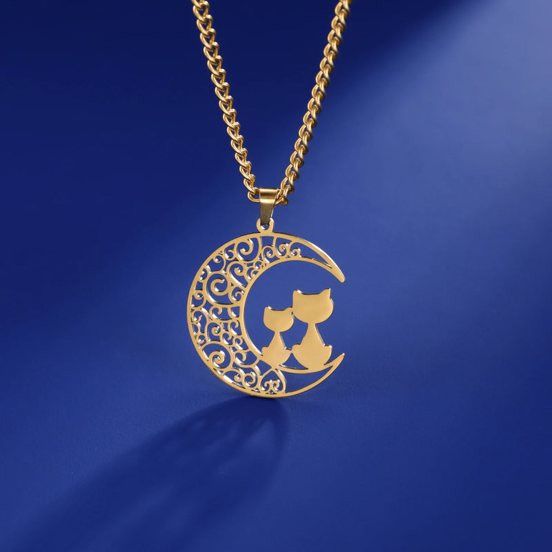 Fishhook Cat Moon Necklace Filigree Love Mother Baby Sister Chain Gift