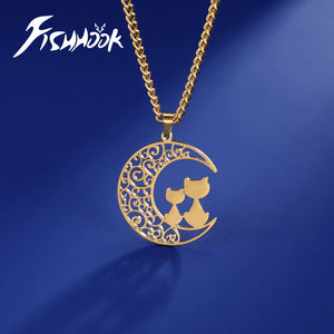 Fishhook Cat Moon Necklace Filigree Love Mother Baby Sister Chain Gift