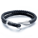 Fishhook Men's Stainless Steel Leather Woven Bracelet