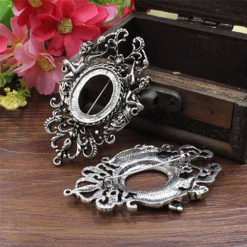 Vintage Oval Brooch Blank Setting Bezel Tray Base Mermaid Cabochons 5pcs/lot