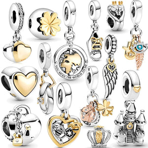 925 Silver Charms Bracelet Crown Love Locks Bead Eyes Horseshoe Pendant