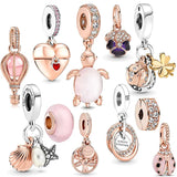 925 Silver Rose Horseshoe Clover Pink Turtle Charm Bracelet
