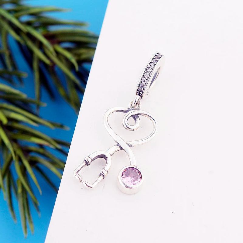 925 Silver Nurse Stethoscope Charm Bracelet with Pink Zircon Bead