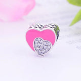 925 Silver Double Heart Charm Beads Red Enamel Clear CZ