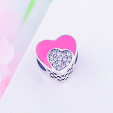 925 Silver Double Heart Charm Beads Red Enamel Clear CZ