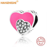 925 Silver Double Heart Charm Beads Red Enamel Clear CZ