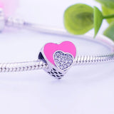 925 Silver Double Heart Charm Beads Red Enamel Clear CZ