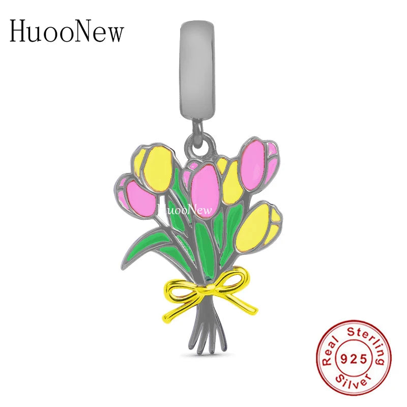925 Silver Pink Yellow Tulip Flower Bead Bracelet Charm