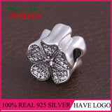 925 Silver Flower Charm Beads Bracelet with Padlock Pave Silver Charm