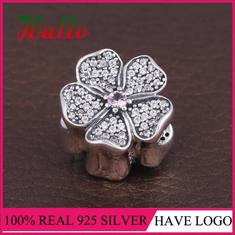 925 Silver Flower Charm Beads Bracelet with Padlock Pave Silver Charm