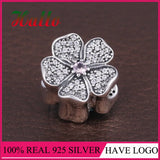 925 Silver Flower Charm Beads Bracelet with Padlock Pave Silver Charm