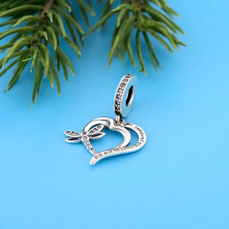 925 Silver Dragonfly She Believed She Could Fly Bracelet Charm Bead