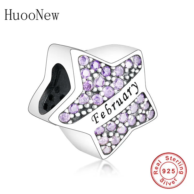 925 Silver Star Charm Bead January to December Birthstone