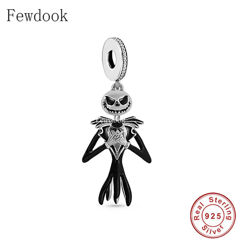 925 Silver Couple Jack The Skull & Dress Girl Bead Halloween Charm Bracelet