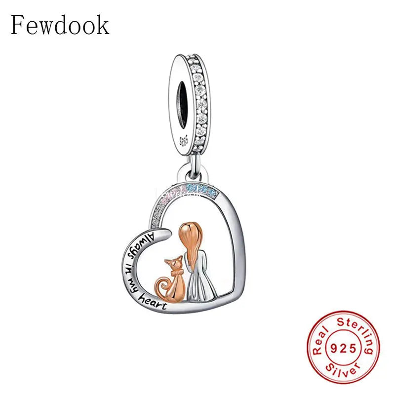 925 Sterling Silver Always in My Heart Girl And Cat Sitting Together Bead