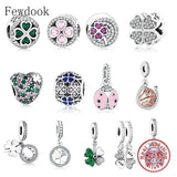 925 Silver Four Leaf Clover Green Zircon Charm Bracelet Bead